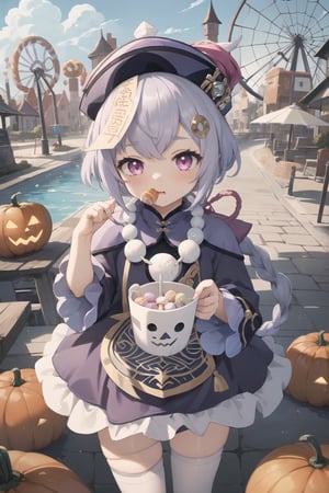 qiqi (genshin impact):1.5, qiqidef, qiqirnd, 1girl, solo, at amusmentpark:1.5, halloween, jack o'lantern, eating candy, candy ghost:1.5, candy monster:1.5, taking candy ghost, wearing a halloween princess outfit, ,C4ndyl4ndAI, splash playing candy background:1.3, Ferris wheel, roller coaster:1.5, halloween, halloerrn amusement park, holding candy, candy devil, candy evil, candy, 