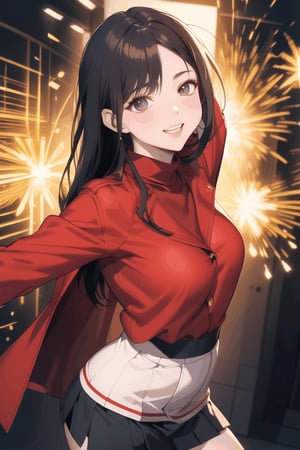 1girrl, solo, stunning beautiful Cancasian girl, 22yo, (dancing and tune, erubeat, parapara), wearing a red leather coat and skirt, turtleneck sweater, face close_up, grin smile, dynamic, best quality, masterpiece, magic, spark, light, ,wonder beauty ,niji