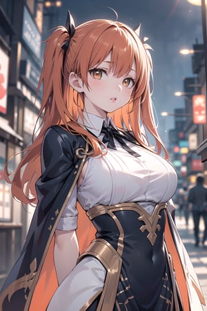 (masterpiece, top quality, best quality, official art, beautiful and aesthetic:1.2), hdr, high contrast, 1girl, solo, orange hair, two side up hair, looking at viewer, brown eyes, anime waifu, upper body, parted lips, busty, blurry, lips, film noir, fantasy, dynamic, standng with arms behind back, noir, mafia, yakuza, ((ancient celestial robe)),(orange theme:1.4), finger detailed, background detailed, ambient lighting, extreme detailed, cinematic shot, realistic ilustration, (soothing tones:1.3), (hyperdetailed:1.2), 