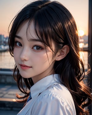 1girl, busty, high res, portrait, small round face, busty, bright smile, Korean hot model, 25yo, pale skin, black wavy hair, sunset, sunset scenery, wearing a french maid costume, cutefirlmix, ,Asian, 8k, medium quality, masterpiece, sharp focus, face focus, 