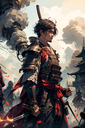 Imagine a world where the honor of ancient samurai converges with the technological wonders of steampunk brilliance. In this evocative realm, amidst towering pagodas adorned with brass fittings and bustling marketplaces filled with the hiss of steam, emerges a formidable figure: a samurai. Envision him clad in a blend of traditional armor and steampunk accouterments, with ornate kabuto helmets featuring intricate gears and steam vents. His katana, sheathed in a holster adorned with mechanical embellishments, gleams with the promise of swift justice. With a stoic expression etched upon his face, he embodies the code of bushido, his every movement a testament to discipline and mastery. Behind him, the cityscape sprawls with towering factories belching steam into the sky, symbolizing the harmonious coexistence of tradition and progress in this captivating world.,STEAM PUNK