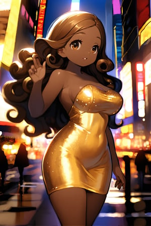 1black american girl, brown skin, tall, busty, wearing a golden bodycon dress with sequins, slim dress, golden effect, golden theme, curly light brown hair, long hair, NY, night, Times Square Gurden, 