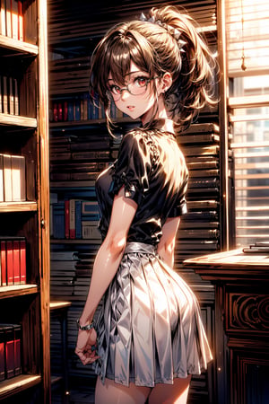 (((1girl:1.3, solo))), (a extremely pretty and beautiful glasses Japanese bitch), (librarian:1.3), (22years old:1.3), (cowboy shot:1.3), (she selected in a book from the library bookshelf:1.3), (at library:1.3), (look back:1.3), (from side:1.3), (arms behind back between legs:1.3), 
BREAK,
(shiy-brown hair:1.3), (thin hair:1.3), (bobble ponytail:1.3), bangs, red eyes, beautiful eyes, princess eyes, bangs, Hair between eyes, (wearing a glasses:1.3), slender, abs , perfect abs, (medium-small breasts:1.25), (thin waist: 1.35, abs:0.95), (detailed beautiful girl: 1.4), Parted lips, Red lips, full-make-up face , (shiny skin), ((Perfect Female Body)), Perfect Anatomy, Perfect Proportions, (most beautiful Korean actress face:1.3, extremely cute and beautiful actress Japanese face:1.3),
BREAK,
(detailed secretary clothes:1.3), (detailed white collared blouse:1.3), (detailed beige flaird-pleats-long-skirt:1.3), (black shoes:1.3), detailed clothes,
BREAK,
(detailed library background:1.3), (book, book shelf), (dramastic light: 1.3),
BREAK,
(Realistic, Photorealistic: 1.37), (Masterpiece, Best Quality: 1.2), (Ultra High Resolution: 1.2), (RAW Photo: 1.2), (Sharp Focus: 1.3), (Face Focus: 1.2), (Ultra Detailed CG Unified 8k Wallpaper: 1.2), (Beautiful Skin: 1.2), (pale Skin: 1.3), (Hyper Sharp Focus: 1.5), (Ultra Sharp Focus: 1.5), (Beautiful pretty face: 1.3), (super detailed background, detail background: 1.3), Ultra Realistic Photo, Hyper Sharp Image, Hyper Detail Image,Korean,realistic,miyo,,rapi nikke,Beauty,milfication,shizukazom100,monochrome,violet evergarden,glitter,shiny