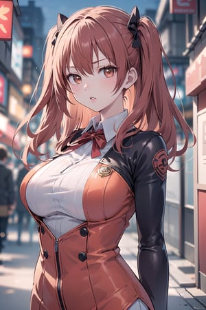 (masterpiece, top quality, best quality, official art, beautiful and aesthetic:1.2), hdr, high contrast, 1girl, solo, orange hair, two side up hair, looking at viewer, brown eyes, anime waifu, upper body, parted lips, busty, blurry, lips, film noir, fantasy, dynamic, standng with arms behind back, noir, mafia, yakuza, ((red securetary suit onepiece)),(red theme:1.4), finger detailed, background detailed, ambient lighting, extreme detailed, cinematic shot, realistic ilustration, (soothing tones:1.3), (hyperdetailed:1.2), 