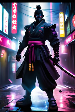 In a retro-futuristic cyberpunk realm, a striking figure emerges - a Japanese black samurai reborn into this world of neon-lit streets and gritty urban landscapes. Known as Kurogane, meaning "black steel," he blends the ancient traditions of bushido with the cutting-edge technology of the future. With his ebony armor adorned with neon accents, Kurogane roams the neon-lit alleys, wielding a plasma katana with unparalleled skill. His journey is one of honor, justice, and redemption, as he navigates the shadows of a society teetering on the brink of chaos, a beacon of strength and resilience in a world of uncertainty and turmoil.