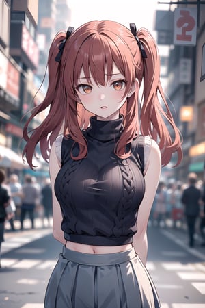 (masterpiece, top quality, best quality, official art, beautiful and aesthetic:1.2), hdr, high contrast, 1girl, solo, orange hair, two side up hair, looking at viewer, brown eyes, anime waifu, upper body, parted lips, busty, blurry, lips, film noir, fantasy, dynamic, standng with arms behind back, noir, mafia, yakuza, ((sleeveless knitwear, skirt:1.4)),(urban theme:1.4), finger detailed, background detailed, ambient lighting, extreme detailed, cinematic shot, realistic ilustration, (soothing tones:1.3), (hyperdetailed:1.2), 