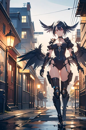 (emo art:1.6), A striking cinematic 3D render of a futuristic raven-inspired cyborg in a steampunk world. The mechanical bird stands tall on two legs, adorned with gears and intricate metalwork. Its wings are replaced with industrial blades, and its head has a sleek, eye-like camera for a face. The background shows an urban landscape with Victorian-style buildings, steam-powered vehicles, and flickering gas lamps, creating a dystopian atmosphere.
