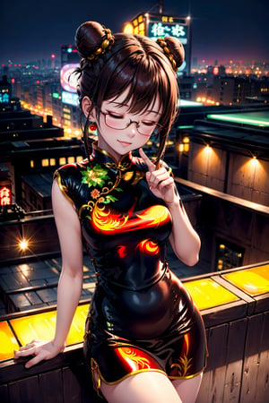 Sleek mahogany hair, eyes reflecting the twilight's allure. On a rooftop overlooking the city, neon lights painting shadows, the world seems both distant and intimately close, glasses, (twin bun hair:1.2), (detailed red rubber Cheongsam otufit:1.2),  PachaMeme, closed eyes, 4fingers and thumb, 