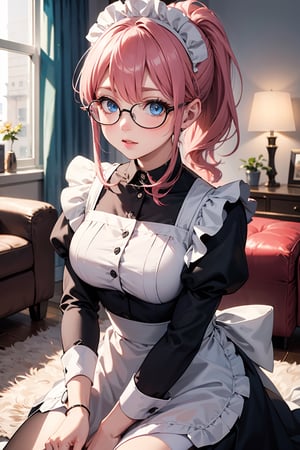 1woman, maid, ponytail, pink hair, blue eyes, maid clothes, glasses, living room
