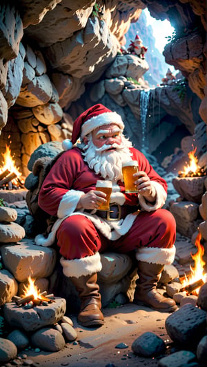 ((a caveman style santa)), sitting on a stone in the cave, drinking beer, bonfire made of stones, christmas,Epic Caves, epic, 8k, high resolution,more detail XL,christmas,SANTA CLAUS