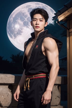 (masterpiece, top quality, best quality, official art, hdr, high contrast, ultra high res), light brown hair, whort pulled back hair, looking at viewer, 1man, solo, a muscular Korean boy, 20yo, tall, great muscular , broad shoulders, biceps,ninja costume:1.3, full moon, moon light, Japanese castle, rooftop,, thin lips, squinted eyes, sharp cheeks, sharp jawline, flared nose, black_eyes, dark olive skintone, 