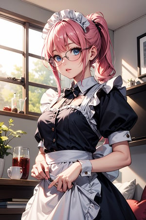 1woman, maid, ponytail, pink hair, blue eyes, maid clothes, glasses, living room
