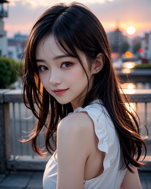 1girl, busty, high res, portrait, small round face, busty, bright smile, Korean hot model, 25yo, pale skin, black wavy hair, sunset, sunset scenery, wearing a french maid costume, cutefirlmix, ,Asian, 8k, medium quality, masterpiece, sharp focus, face focus, 