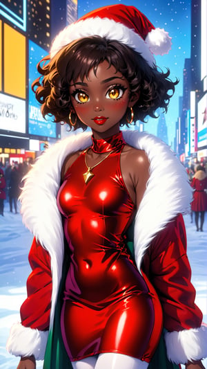 anitoon style, solo, dark skin, 1girl, yellow eyes, jewelry, black hair, short hair, dark-skinned female, makeup, lipstick, looking at viewer, curly hair, bare_top_velvet dress, santa costume, ring earing, gold neckless, gold buncles, fluffy fur dress, red dress, sleeveless, highneck, Times Square Garden, Night, Christmas, ,ral-chrcrts,christmas