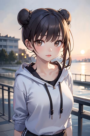 Upper body portrait:1.3, 1girl, solo, long hair, breasts, looking at viewer, bangs, large breasts, black hair,(twin buns hair:1.4), breask, brown eyes, standing, closed mouth, outdoors,oversized grey hoodie, jacket, skinny shorts, lips, collage, night, realistic, 1 girl,Extremely Realistic, small face, 