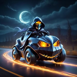 (halloween theme:1.5), (Vehicle:1.5), (Headless Horseman:1.5), (Driving:1.5), (headless horseman driving forse shape futuric vehicle at  highway:1.5), chibi emote, chibi caracter, halloween night, 