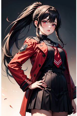 1woman,army woman, ponytail, black hair, cute face, red eyes, army long coat, sailor school uniform, black theme, stylish pose, standing, harbar, upper body, fantasy, ultra detailed, ultra highres, masterpiece, 