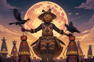 (Halloween theme:1.1), (Farm, Scarecrows, Crow :1.5), from above, at pumpkin farm, 
BREAK,
Scarecrows protecting pumpkin from crow, flying Crow, magic, magic circle, tree, sky, star (sky), scenery, farm, outdoors, starry sky, moon, (red full moon:1.3), black cat, ghost, jack o'lantern , pampukin farm,