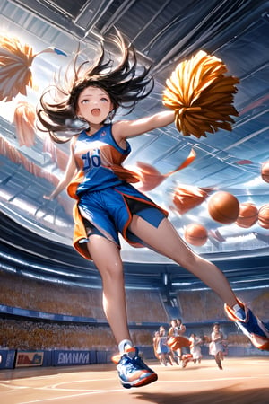 A captivating photo of a female basketball player at the peak of her jump, her arm extended toward the hoop with a focused expression. Her teammates cheer her on from the sidelines, while opponents watch with bated breath. The stadium is filled with a sea of cheering fans, waving banners and flags, creating an electrifying and energetic atmosphere.