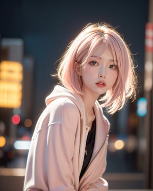 (film noir:1.3), 1girl, solo, a stunning beautiful Asian girl with angry, light pink hair, short hair, ruind, wearing a black punk hoodie, looking at camera, 8k, high res, middle quality, ,dreamgirl, film grain:0.6