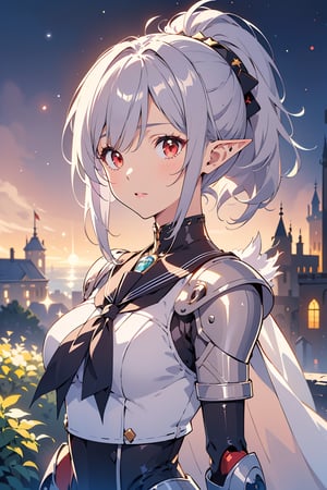 (emo art:1.6), 1woman, elf, mecha girl, wizard, ponytail, silver hair, red eyes, purple hair, school uniform, sailor school uniform, armor, starry sky, night view, 1woman, mecha girl, robot, knight, ponytail, short hair, silver hair, red eyes, armor, castle, night view, garden, starry sky