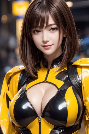1girl, solo,medium hair, breasts, looking at viewer, smile, bangs, gigantic upturned breasts:1.9, light brown hair, brown eyes, closed mouth, yellow rider suit, full latex bodysuit, yellow theme, upper body, night museum, black eyes, lips, clothing cutout, realistic, V arms, ,1 girl