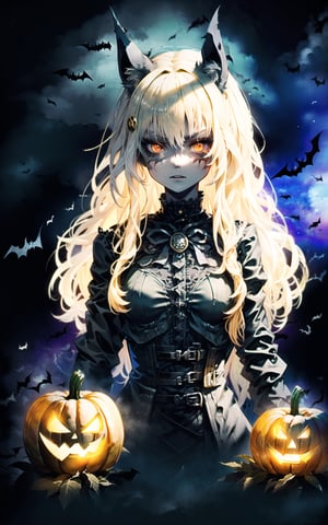 (Halloween theme:1.2), bat girl, long hair, red eyes, bat ears, 
BREAK, 
Beautiful illustration, top-quality, (cute Russian bat girl,  Caucasian:1.3), having bat features, (bat girl:1.5), 
BREAK,  (red eyes:1.5, pale skin:1.1), (beautiful, 20 years old:1.5), slim, slender, (medium breasts), (clean face:1.3), (bat ear:1.3)
BREAK, 
(black elegant full lacy gothic dress), (latex corset), (black latex stockings), (knee-high-over-boots, pin-hells), (insanely detailed clothes), (halloween costume), 
BREAK, 
arms behind back, arms up on head, blue eyess, lovely thighs, (jack o'lantern:1.3), (looking straight at the viewer), (view viewer:1.3), (upper body:1.3), top angle, simple black background, (((dark background:1.5))), (halloween), (halloween background), 