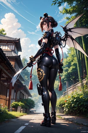 Visualize a fantastical realm where the elegance of traditional Japanese culture intertwines with the mechanical marvels of steampunk innovation. In this vibrant world, amidst bamboo forests and towering pagodas adorned with brass gears and copper pipes, emerges a unique figure: a cyborg panda. Picture this panda, clad in sleek, metallic armor adorned with ornate samurai motifs, standing upright with a dignified yet imposing presence. Its eyes gleam with the soft glow of augmented optics, reflecting wisdom and determination. Protruding from its back, a pair of mechanical wings crafted in the likeness of traditional Japanese fans, granting it the ability to soar gracefully through the skies. Behind this cybernetic creature, steam-powered machinery hums and whirs, blending seamlessly with the natural beauty of the landscape, hinting at the harmonious coexistence of nature and technology in this mesmerizing world.