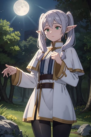 In a mystical woodland clearing, bathed in the ethereal glow of moonlight, a silver-haired elven maiden delicately chants an enchanting spell. Her slender figure is adorned in intricate, nature-inspired attire, blending seamlessly with the enchanted surroundings. Wisps of magic swirl around her delicate fingers as she weaves ancient incantations into the fabric of reality. The atmosphere resonates with an otherworldly aura, as the young elf's eyes shimmer with arcane wisdom. Illuminated by the soft radiance of the moon, the scene captures the essence of a magical moment, where nature and sorcery harmonize in a captivating dance, painting a captivating tableau of elven mystique., break, frieren, long hair, twintails, (green eyes:1.5), grey hair, pointy ears, elf, wearing a (shirt, long sleeves, jewelry, pantyhose, earrings, striped, black pantyhose, capelet, striped shirt), 