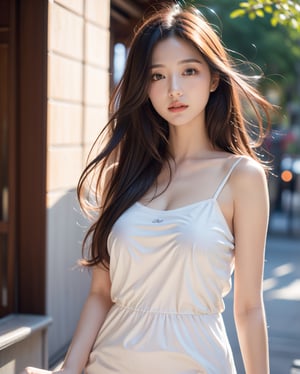 long windblown hair, long windblown hair,(4k, RAW photo, best quality, masterpiece:1.2),ultra high res,(photo realistic:1.2),High detail RAW color photo,professional photograph,(realistic, photo realistic:1.4),((best quality)),japanese girl, wearing a camisole dress,