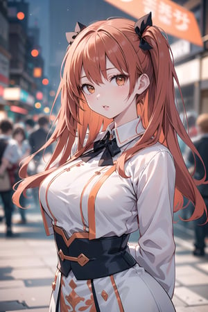(masterpiece, top quality, best quality, official art, beautiful and aesthetic:1.2), hdr, high contrast, 1girl, solo, orange hair, two side up hair, looking at viewer, brown eyes, anime waifu, upper body, parted lips, busty, blurry, lips, film noir, fantasy, dynamic, standng with arms behind back, noir, mafia, yakuza, ((ancient celestial robe)),(orange theme:1.4), finger detailed, background detailed, ambient lighting, extreme detailed, cinematic shot, realistic ilustration, (soothing tones:1.3), (hyperdetailed:1.2), 