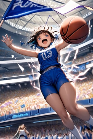 A captivating photo of a female basketball player at the peak of her jump, her arm extended toward the hoop with a focused expression. Her teammates cheer her on from the sidelines, while opponents watch with bated breath. The stadium is filled with a sea of cheering fans, waving banners and flags, creating an electrifying and energetic atmosphere.