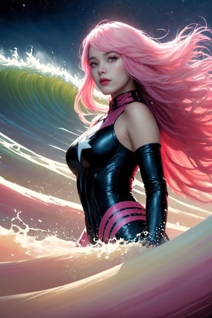 (coloful:1.1),(waves),(art by marvel  studio:1.2),(🌈,🌕,⚡️,🌪️,🌊,⭐️,✨),(pink hair hair:1.4),(very long hair:1.5),lady,(sofft light:1.1),cloudstick,(oil paint:1.1),Magenta gradient background,(masterpiece,best quality:1.2),waves