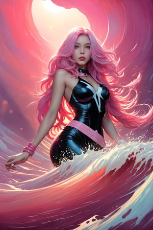 (coloful:1.1),(waves),(art by marvel  studio:1.2),(🌈,🌕,⚡️,🌪️,🌊,⭐️,✨),(pink hair hair:1.4),(very long hair:1.5),lady,(sofft light:1.1),cloudstick,(oil paint:1.1),Magenta gradient background,(masterpiece,best quality:1.2),waves