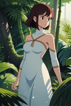 lady, blunt cut, backless dress , (masterpiece, best quality:1.6), ghibli, fall, The Amazon Rainforest, South America, snow