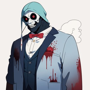 ((sticker design, white background)),  old man, fade, classic suit with a patterned pocket square., (masterpiece, best quality:1.6), ghibli, Hazy conditions, The Grand Tetons, fishing, Disruptive, (horror style:1.4), blood, 