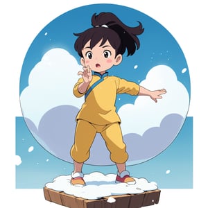 ((sticker design, white background)),  child girl, bubble ponytail, ((aodai)) , (masterpiece, best quality:1.6), ghibli, Snowing, The Salt Lake Temple, action pose, Sculptural, 