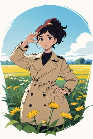 ((sticker design)),  lady, bubble ponytail, Coat , (masterpiece, best quality:1.6), , summer, Field of flowers, jojo pose, Dramatic