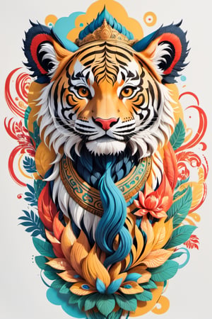 Paint a picture of Indian wildife. Incorporate elements like a tiger, an Asian elephant, a red panda, a sarus crane etc along with natural elements like rivers, snow capped mountains, forests, elephants, tigers etc to create a unique and intricate design, symmetrical,perfect_symmetry,Leonardo Style,oni style, line_art,3d style, white background