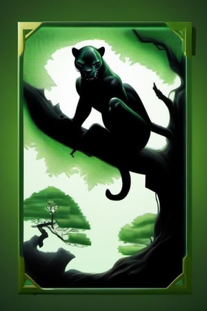 A black panther sitting spread out on the branches of a broad old tree with heavy branches, play of light and shadow and different shades of green, framed within a rounded rectangle and a white background