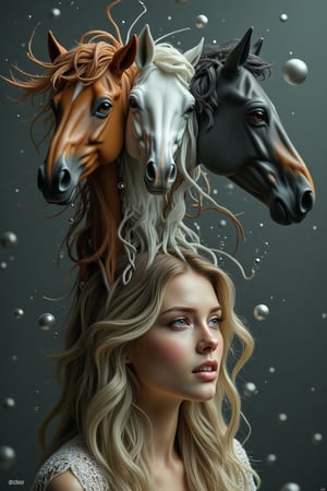 The surreal atmosphere of a beautiful young woman, her thoughts like unruly horses in white, black and brown colors have come out of her mind and head and are moving in different directions.