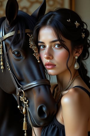 Hyper realism portrait of a beautiful young woman with long dark hair, special metal ornaments in her hair and large, dark eyes, and a bony face with prominent cheekbones, attractive prominent lips, and large earrings next to a purebred black Arabian horse with wavy hair.  And the curly woman rests her face on the horse's head in a relaxed state. There are traditional decorations on the horse's head and face