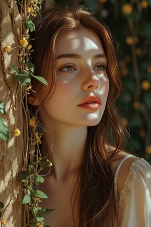 Hyperrealism of a beautiful young woman with long honey brown hair, an attractive face, leaning her head against an old flowery straw wall, and ivy plants grow on the wall, and ivy branches grow from the wall into the woman's hair, and small yellow flowers grow on the woman's hair.  She looks lovingly at the plant crawling in her hair. The beautiful sunlight shines on the woman's face and makes her skin shine