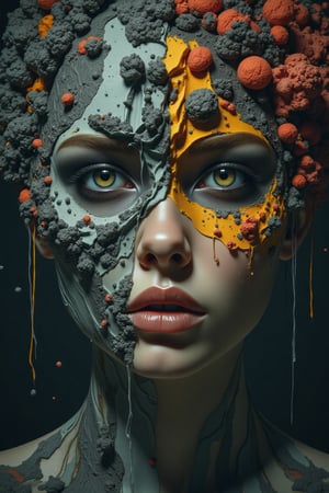 The surreal space of a beautiful young woman's face in a disturbed state, mental ruminations and jumbled thoughts and overthinking women are like different faces of people with various emotions, fear, excitement, hatred, sadness, happiness and... from above  And the left and right sides of the woman's head have come out