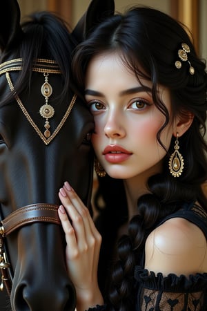 Hyper realism portrait of a beautiful young woman with long dark hair, special metal ornaments in her hair and large, dark eyes, and a bony face with prominent cheekbones, attractive prominent lips, and large earrings next to a purebred black Arabian horse with wavy hair.  And the curly woman rests her face on the horse's head in a relaxed state. There are traditional decorations on the horse's head and face