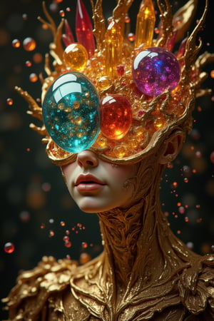 The surreal space of a beautiful young woman in a state of ecstasy, colored lights shine out from inside her head, and small and large colored crystals are visible from inside her head, the skin of her face is made of gold.