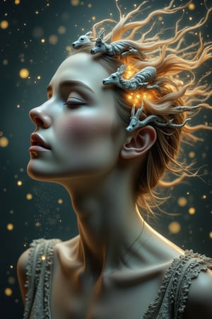 The surreal atmosphere of a beautiful young woman, her thoughts like unruly horses in white, black and brown colors have come out of her mind and head and are moving in different directions.