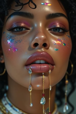 Hyperrealistic close-up of a beautiful young woman's face, she has precious stones, jewels and diamonds in her mouth, and jewels are falling out of her mouth, and she has an attractive and sexy face, thin golden chains are falling out of the stones in her mouth, colored lights from above  The image shines on the stones and diamonds and the reflection of the light is seen everywhere, precious stones, crystals and diamonds are scattered out of her mouth like precious words of a woman.