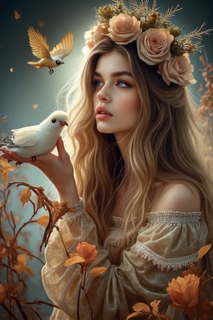 Hyper realism portrait of a beautiful young woman with a bony face shape, big glassy blue gray eyes and a small shiny nose, prominent and attractive lips, and long hair left in the wind. The woman is feeding the birds in her hand, and the sun shines from the right side of the image to her face.  And the woman's hair shines in a poetic and magical atmosphere