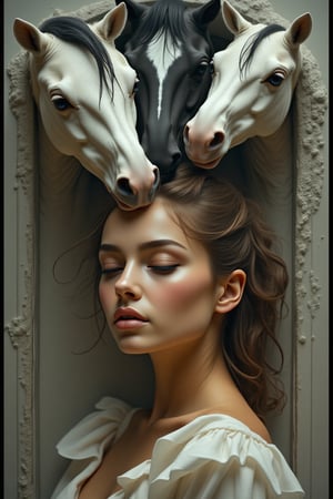 The surreal atmosphere of a beautiful young woman, her thoughts like unruly horses in white, black and brown colors have come out of her mind and head and are moving in different directions.